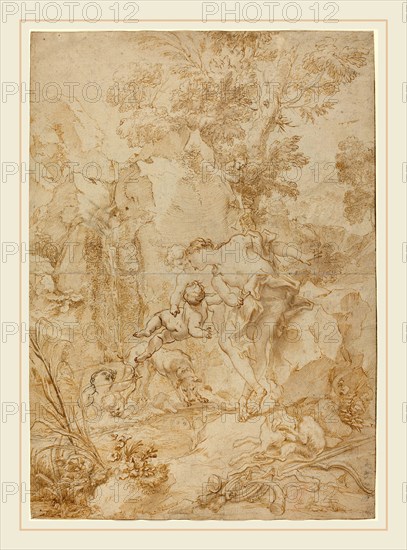 Gregorio de Ferrari, Italian (1644-1726), Echo and Narcissus, pen and brown ink and brown wash over black chalk,partly indented with stylus