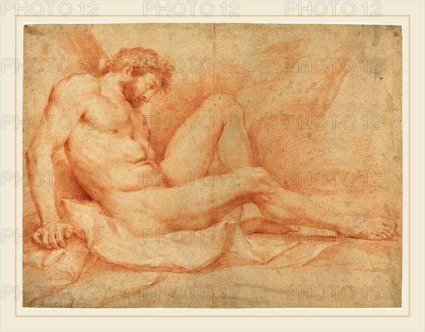 Andrea Sacchi, Italian (1599-1661), Academic Nude Study of a Seated Male, red chalk heightened with white