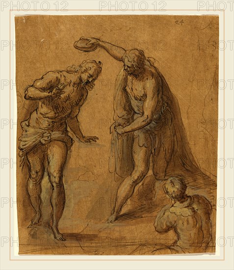 Jacopo Palma il Giovane, Italian (1544 or 1548-1628), Sketch for a Baptism of Christ, pen and brown ink with brown wash  (heightened with white?) on brown washed laid paper