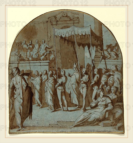 Attributed to Giovanni Balducci, Italian (c. 1560-1631 or after), The Entry of Saint Antoninus into Florence, pen and brown ink with brown wash heightened with white on blue laid paper