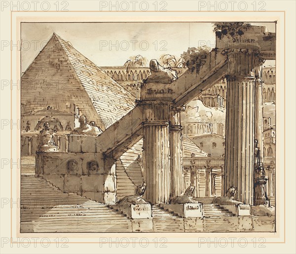 Giovanni Galliari, Italian (1746-1818), Egyptian Stage Design, pen and brown ink with brown wash over graphite on laid paper