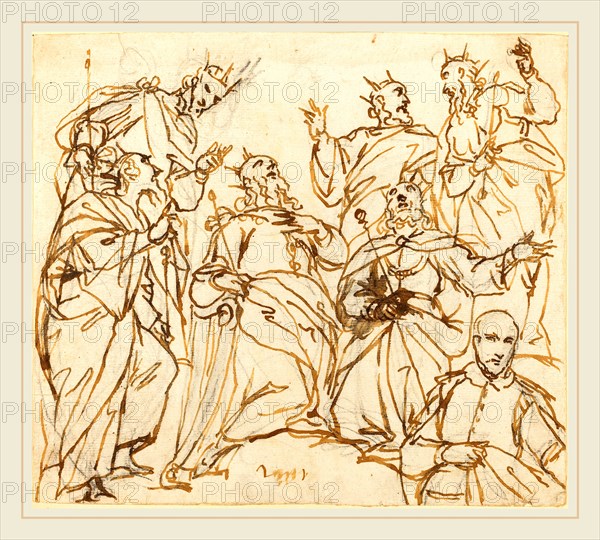 Alessandro Maganza, Italian (1556-1640), Six Kings and a Donor, pen and brown ink over black chalk on laid paper