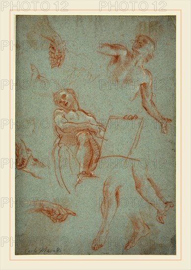 Carlo Maratta, Italian (1625-1713), Sheet of Studies with Figures, Hands, and Feet, red chalk with white heightening on blue laid paper