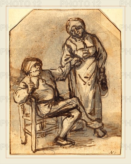 Adriaen van Ostade, Dutch (1610-1685), Two Peasants Drinking, pen and brown ink with gray-brown wash over graphite on laid paper