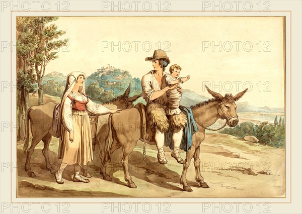 Bartolomeo Pinelli, Italian (1781-1835), A Peasant Family with Their Donkey, watercolor over graphite on wove paper