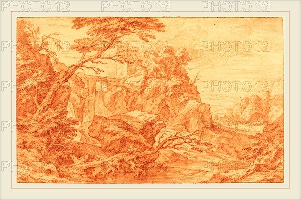 Adriaen Frans Boudewyns, Flemish (1644-1711), A Rocky Landscape with a Stone Tower and a Waterfall, red chalk on laid paper