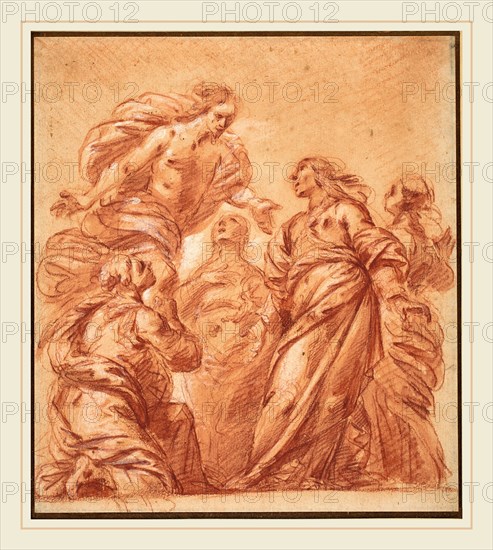 Bartolomeo Biscaino, Italian (1632-1657), Christ Appearing to the Three Marys, red chalk with red wash and white heightening on laid paper