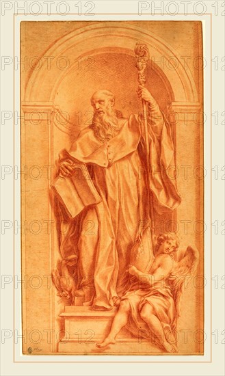 Jakob Frey, Swiss (1681-1752), A Sculpture of Saint Benedict in a Niche, 1735, red chalk heightened with white on laid paper