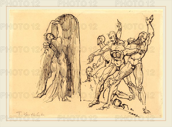 Theodore M. von Holst, British (1810-1844), Five Male Nudes Gesticulating as a Nude Woman Enters a Portal, pen and black and brown ink over graphite on wove paper