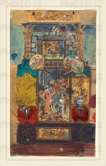 Robert Caney, British (1847-1911), Stage Set Consisting Of Painted Panels, Fabrics, And Fans, watercolor, gouache, graphite, black ink, and metallic gold paint with collage of colored fabric and various papers on wove paper