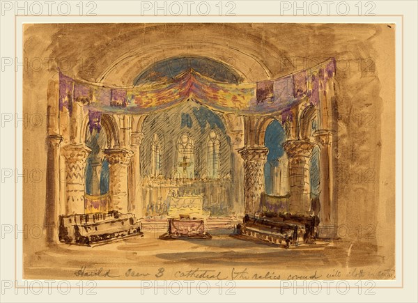 Robert Caney, British (1847-1911), "Harold Scene 3 Cathedral (The relics covered with cloth at centre)", watercolor with pen and black ink over graphite on board