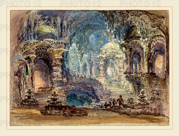 Robert Caney, British (1847-1911), Interior Scene With Troops In Foreground, watercolor and gouache with pen and black ink, heightened with white, over graphite on wove paper