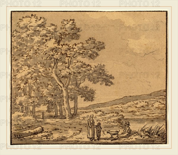 Théodore Rousseau, French (1812-1867), A Landscape with Three Figures and a Dog, pen and black ink, with black wash over graphite on laid paper