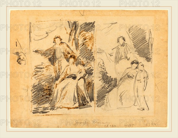 George Romney, British (1734-1802), Two Studies for a Family Portrait, graphite with pen and brown ink on wove paper