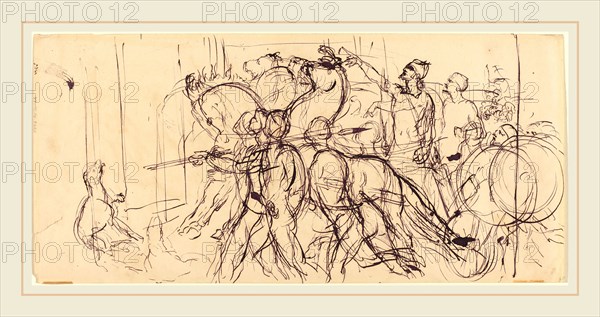 EugÃ¨ne Delacroix, French (1798-1863), Charioteers, pen and black ink with black wash on wove paper