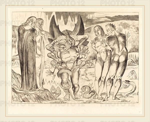 William Blake, British (1757-1827), The Circle of the Thieves; Agnolo Brunelleschi Attacked by a Six-Footed Serpent, 1827, engraving