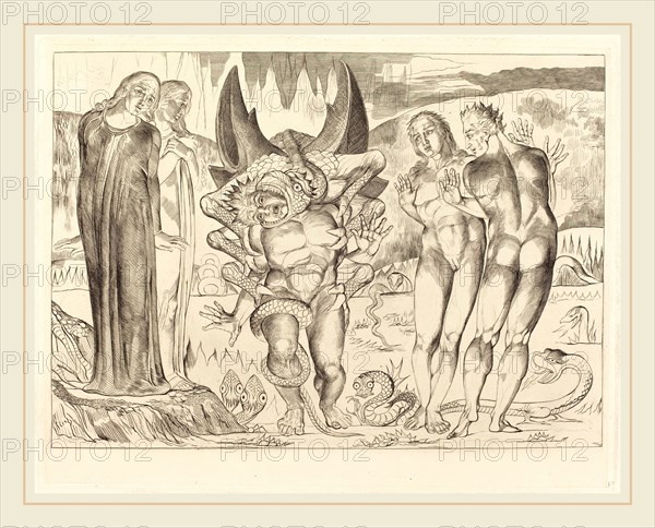 William Blake, British (1757-1827), The Circle of the Thieves; Agnolo Brunelleschi Attacked by a Six-Footed Serpent, 1827, engraving