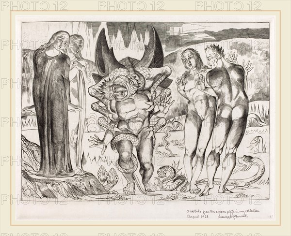 William Blake, British (1757-1827), The Circle of the Thieves; Agnolo Brunelleschi Attacked by a Six-Footed Serpent, 1827