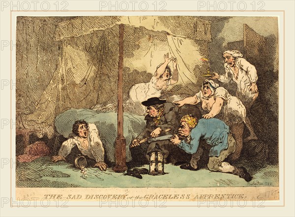 Thomas Rowlandson, British (1756-1827), The Sad Discovery, or The Graceless Apprentice, 1785, hand-colored etching