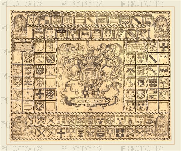 British 16th Century, Coats of Arms with Corner Portraits of Henry VII, Henry VIII, Edward VI, and Mary, engraving