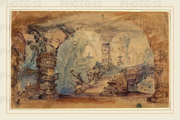 Robert Caney, British (1847-1911), Imaginary Interior With Columns And Stairs, watercolor and gouache with pen and black ink over graphite on board