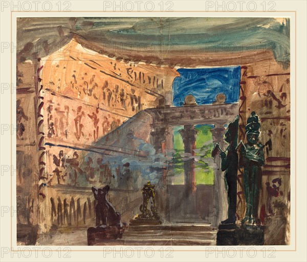 Robert Caney, British (1847-1911), Interior of an Ancient Egyptian Temple, c.1888, watercolor and gouache with pen and black and brown ink, heightened with white, over graphite on wove paper