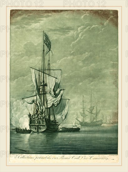 Elisha Kirkall after Willem van de Velde the Elder,English, (c. 1682-1742), Shipping Scene from the Collection of Thomas Cook, 1720s, mezzotint and etching printed in green and black on laid paper