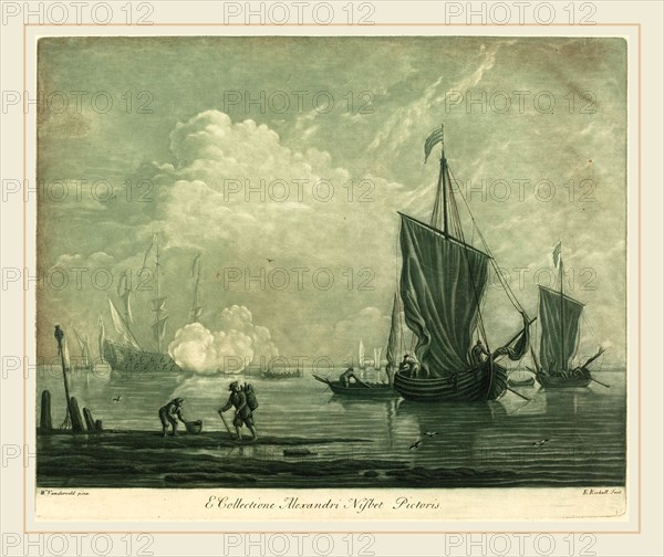Elisha Kirkall after Willem van de Velde the Elder,English, (c. 1682-1742), Shipping Scene from the Collection of Alexander Nisbit, 1720s, mezzotint and etching printed in green and black on laid paper