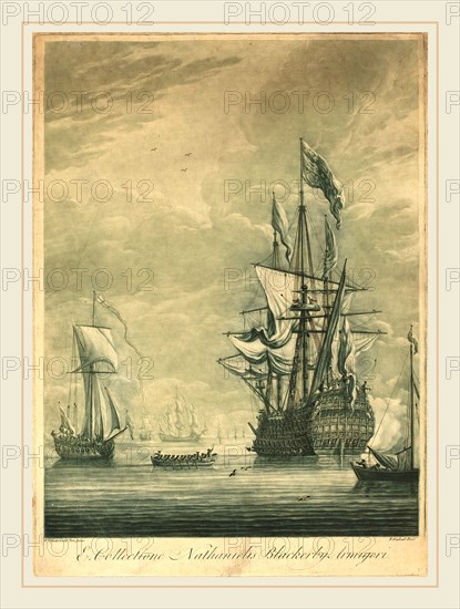 Elisha Kirkall after Willem van de Velde the Younger,English, (c. 1682-1742), Shipping Scene from the Collection of Nathaniel Blackerby, 1720s, mezzotint and etching printed in green and black on laid paper