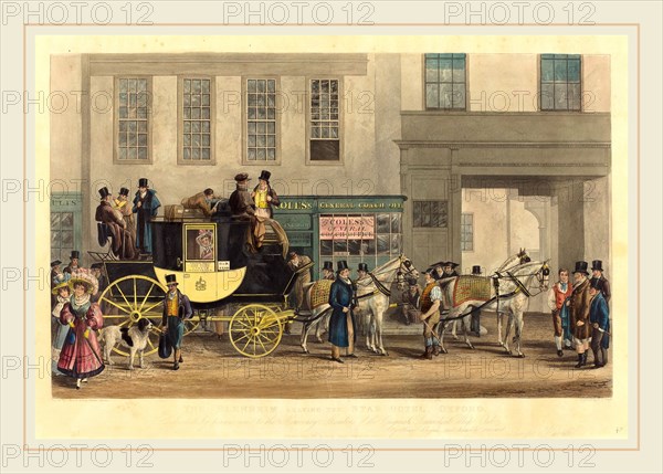 Frederick James Havell after George Havell, British (1801-1840), The Blenheim, Leaving the Star Hotel, Oxford, probably c. 1831, color aquatint
