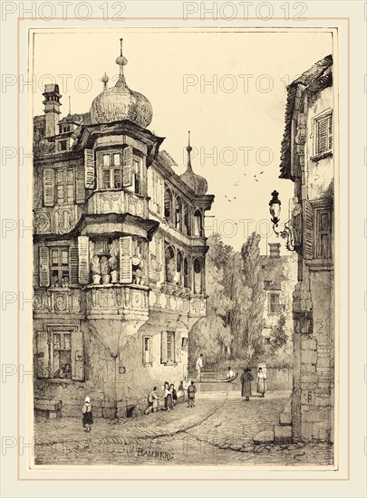 Samuel Prout, British (1783-1852), Bamberg, lithograph touched with white gouache on wove paper
