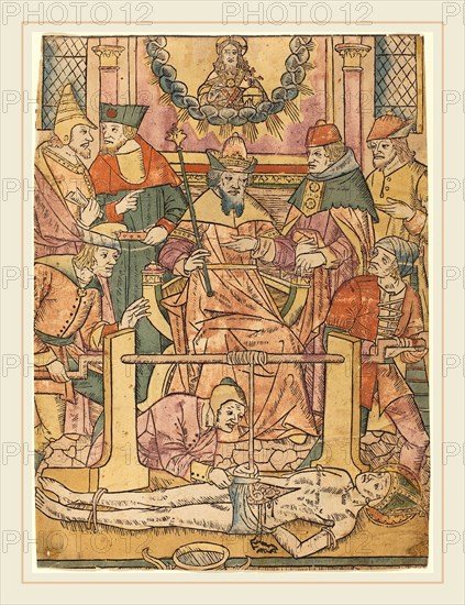 French 15th Century, The Martyrdom of Saint Erasmus, 1480-1490, woodcut, hand-colored in light purple, rose, gray-green, yellow, brown, and gray-blue