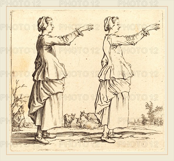 Jacques Callot, French (1592-1635), Peasant Woman, in Profile, Facing Right,  with Arm Extended, 1617 and 1621, etching