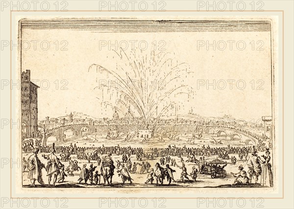 Jacques Callot, French (1592-1635), Fireworks on the Arno, Florence, c. 1622, etching