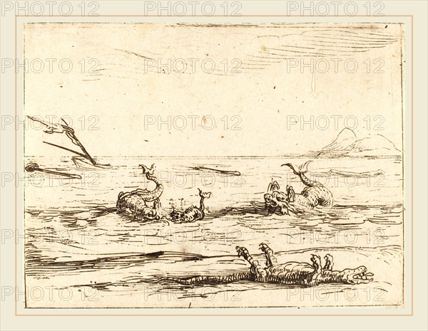 Jacques Callot, French (1592-1635), Dolphins and Crocodile, etching