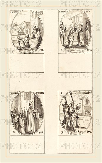 Jacques Callot, French (1592-1635), St. Simeon Salus; The Visitation; Deposition of the Virgin's Clothes; St. Hiacintus, etching