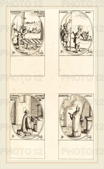 Jacques Callot, French (1592-1635), Sts. Donatilla, Maxima & Secunda; St. Fabius;St. John Colombini; St. Ignatius Loyola, etching