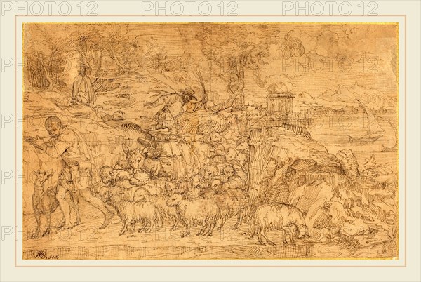 Domenico Campagnola, Italian (before 1500-1564), Shepherd Playing a Flute and Leading His Flock, pen and brown ink over black chalk on laid paper