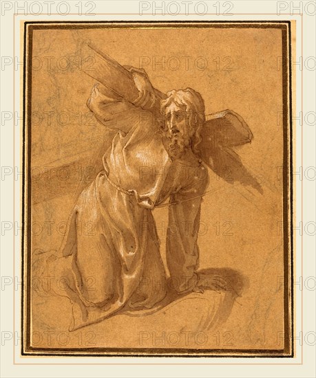Francesco Salviati, Italian (1510-1563), Christ Falling under the Cross, pen and brown ink with brown wash, heightened with white gouache, over black chalk, on laid paper