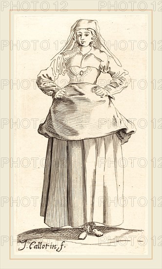 Israel Henriet after Jacques Callot, French (c. 1590-1661), Young Woman with Hands on Hips, Front View, etching