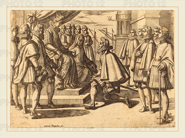 Antonio Tempesta, Italian (1555-1630), Spanish Duke before Margaret of Austria, 1612, etching
