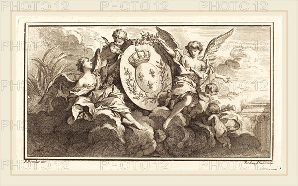 Pierre FranÃ§ois Tardieu or Jacques Nicolas Tardieu after FranÃ§ois Boucher, French (1716-1791), Royal Coat of Arms of Louis XV, c. 1745, engraving on laid paper