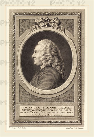 Charles-Etienne Gaucher after Charles-Nicolas Cochin II, French (1741-1804), Charles Jean Francois Henault, engraving and etching on laid paper