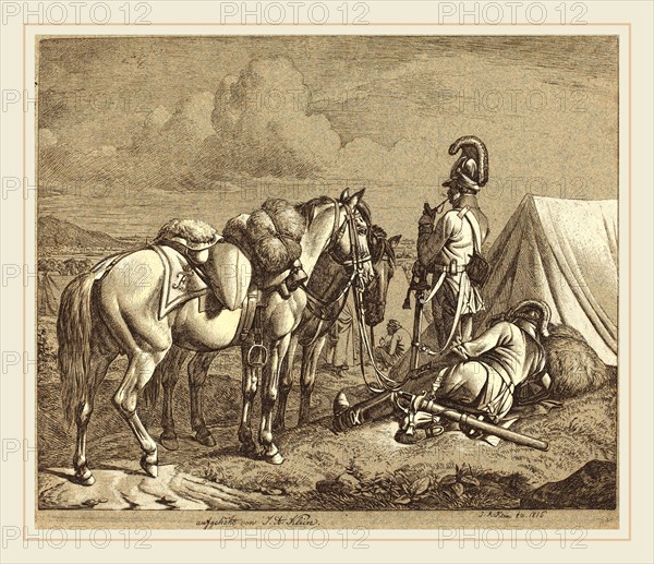 Johann Adam Klein, German (1792-1875), Austrian Dragoons, 1816, etching heightened with white on gray-green paper