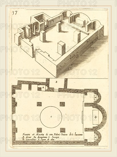 Jacques Callot, French (1592-1635), Plan and Elevation of the Church of S. Iacoma, 1619, etching and engraving on laid paper [restrike]