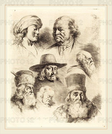 Jean-Jacques de Boissieu, French (1736-1810), Seven Studies of Heads, 1793, etching in black on laid paper