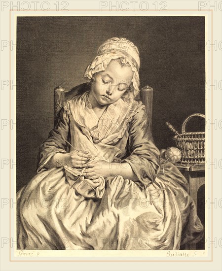 Claude-Donat Jardinier after Jean-Baptiste Greuze, French (1726-1771 or before), La tricoteuse endormie, 1765, engraving