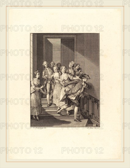 Nicolas Delaunay after Jean-Michel Moreau, French (1739-1792), Saint-Preux sort de chez des femmes du monde, 1776, etching and engraving