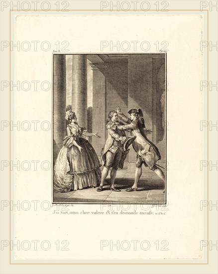 Jean Jacques Le Veau after Jean-Michel Moreau, French (1729-1785), J'ai tort, mon cher ValÃ¨re, et t'en demande excuse, 1782, etching and engraving