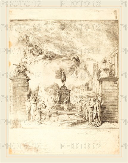 Gabriel Jacques de Saint-Aubin, French (1724-1780), Allegorie sur l'Erection de la Statue de Louis XV (Allegory on the Establishment of a, c. 1763, etching with traces of roulette and engraving